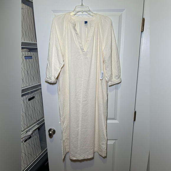 Split-Neck Linen-Blend Midi Dress - Picture 1 of 5
